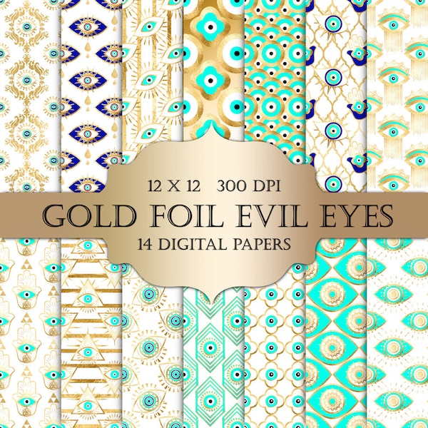Gold foil Evil Eye Digital Papers - gold foil evil eye third eye hamsa hand of fatima bohemian yoga hippie scrapbooking invitation planner