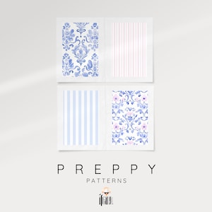 May include: Four digital paper patterns in a preppy style. The patterns include a blue and white damask, a pink and white striped pattern, a blue and white striped pattern, and a blue and pink floral damask.