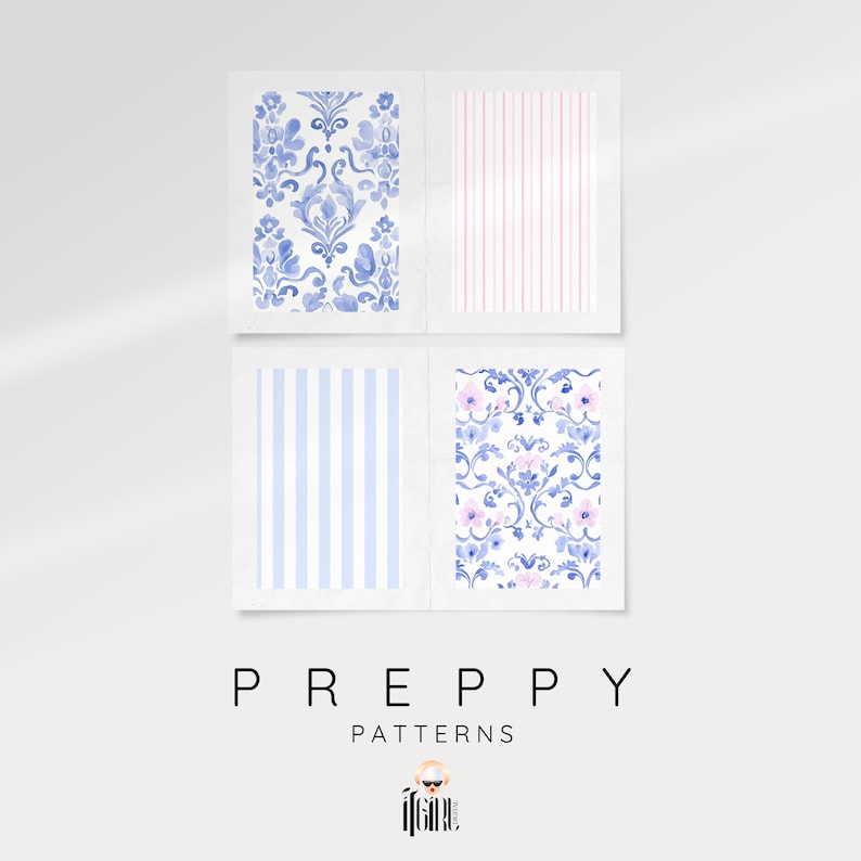 May include: Four digital paper patterns in a preppy style. The patterns include a blue and white damask, a pink and white striped pattern, a blue and white striped pattern, and a blue and pink floral damask.