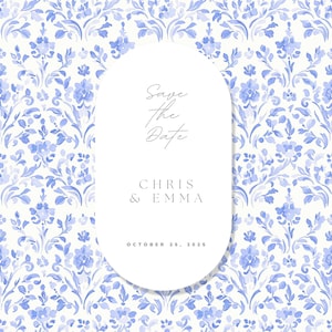 May include: Save the Date card with a white background and a blue floral pattern. The text reads "Save the Date, Chris & Emma, October 25, 2025".
