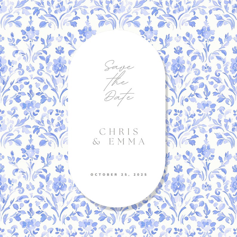 May include: Save the Date card with a white background and a blue floral pattern. The text reads "Save the Date, Chris & Emma, October 25, 2025".
