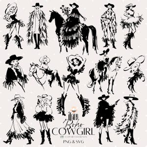 Croquis dessinés à la main lunatique Boho Cowgirls Clipart, enterrement de vie de jeune fille, week-end de célibataire, danse cow-girl clipart doodle illustration, cow-girl PNG