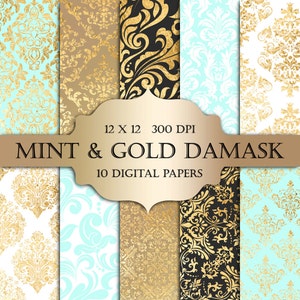 Mint & Gold Damask Digital Paper: Metallic Scrapbook Backgrounds (Digital Download)