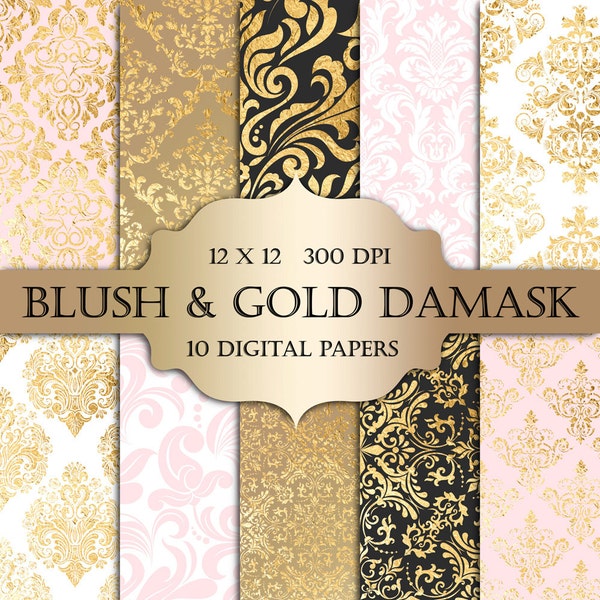 Blush & Gold Foil Damask Digital Paper - pastel blush gold damask metallic printable backgrounds scrapbooking wedding invitations cards