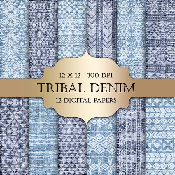 Tribal Denim Digital Papers- bleached ethnic tribal denim textures aztec boho bohemian pattern scrapbooking wedding invitation card planner