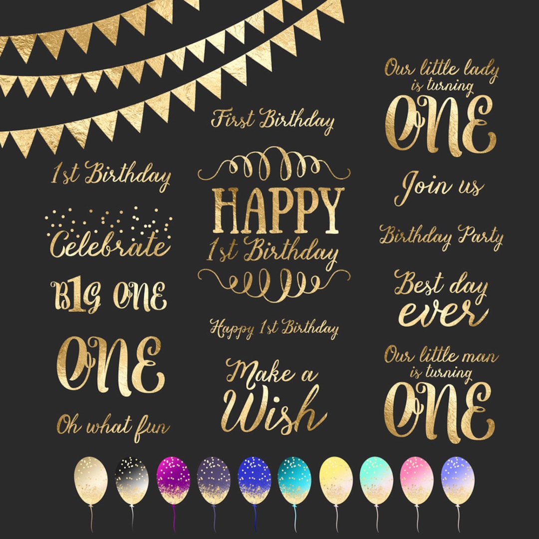 First Birthday Gold Foil Clipart Word Art Photo Overlay Diy Gold Leaf