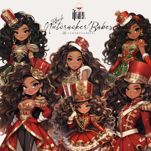Clipart de menina negra de Natal, quebra-nozes fofo, boneca chibi, clipart aquarela planejador de clipart de férias clipart de sublimação de boneca kawaii PNG