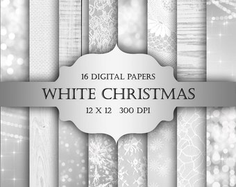 White Christmas Digital Paper Pack -bokeh wood burlap lace string lights snowflakes pattern backgrounds for scrapbooking, cards