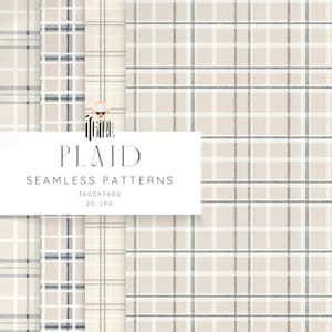May include: A collection of plaid seamless patterns in beige, gray, and white. The image features various plaid designs, with a white rectangular overlay displaying the word "PLAID" and the text "SEAMLESS PATTERNS 3600x3600 20 JPG".