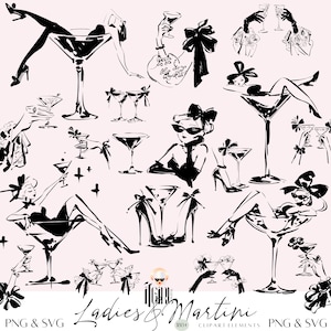 Hand Drawn Whimsical Ladies and Martini Clipart, martini clipart, doodle illustration, Valentine&#39;s day, Bachelorette party, cocktail PNG