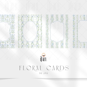 May include: Four rectangular cards featuring blue floral patterns and green vines on a white background. Each card includes a central blank frame in various shapes, including oval and scalloped designs. The text "IFGIRL" and "FLORAL CARDS 30 JPG" appear below.