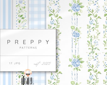 May include: A digital download of 17 preppy patterns featuring blue and green floral designs on a white background. The patterns include stripes, gingham, and floral vines. The text "Preppy Patterns est. 2025" is included in the image.