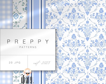 Blue Preppy Seamless Digital Paper, Grandmillenial Patterns, Watercolor Pastel Floral Patterns, Nursery Print, Preppy Stripes, Preppy Plaid