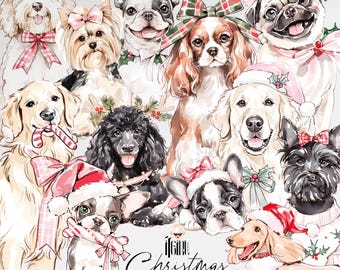 May include: Watercolor illustration of various dog breeds, including a Golden Retriever, French Bulldog, and Poodle, adorned with festive bows and Santa hats. The image features the text "Christmas Dogs" and is perfect for holiday-themed designs.