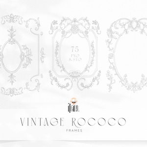 Op de afbeelding: Een verzameling vintage Rococo-frames in lichtgrijze kleur, met sierlijke bloemen- en krulontwerpen. De afbeelding bevat ovale en rechthoekige framevormen, met de tekst "75 PNG & SVG" en "VINTAGE ROCOCO FRAMES".