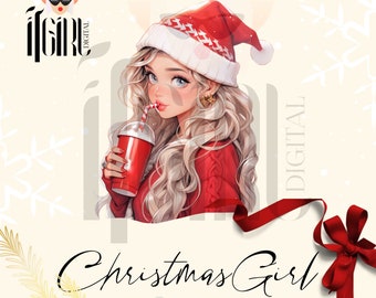 Funny Santa Sublimation, Christmas clipart, blonde anime girl clipart watercolor christmas clipart christmas drink christmas sublimation PNG