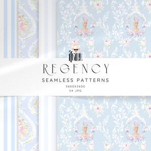Puede incluir: Patrones digitales sin costuras con temática Regency. Los patrones presentan fondos azul claro con diseños florales y de retratos. La imagen incluye el texto "REGENCY SEAMLESS PATTERNS".