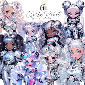 Robot Girl Clipart: Anime Style, Futuristic Fashion (PNG, Digital Download)