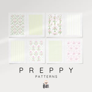 May include: Set of six preppy patterns featuring floral, striped, and gingham designs in shades of green and pink.