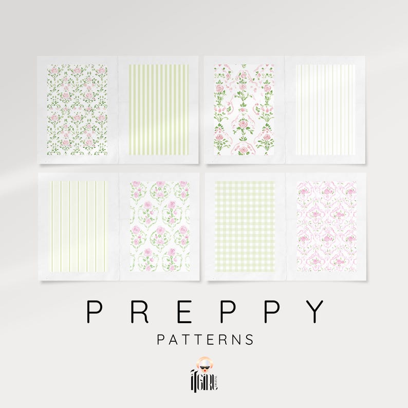 May include: Set of six preppy patterns featuring floral, striped, and gingham designs in shades of green and pink.