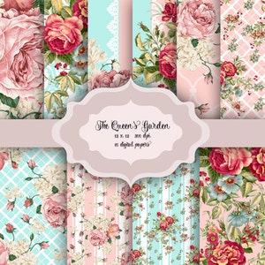 Valentines Shabby Chic Blumen Digital Paper Pack - Vintage Florale Hintergründe für Scrapbooking, Hochzeitseinladungen - Pink & Mint