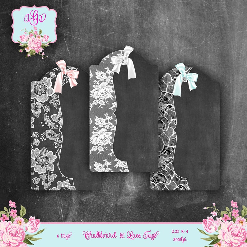Instant Download set of 6 Chalkboard /& LACE Digital Printable Collage Sheet hang gift tags journaling backgrounds cards