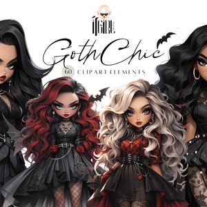 Goth Chic Dolls Clipart, cute girl clipart, gothic clipart, Halloween clipart, bat clipart doll clipart digital download watercolor fashion