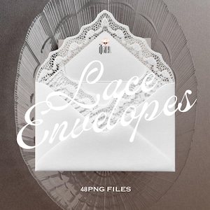 Op de afbeelding: Witte kanten enveloppen met delicate kanten rand, gepresenteerd op een heldere, getextureerde plaat. De woorden "Lace Envelopes" zijn in een cursief lettertype geschreven. De tekst "48 PNG FILES" staat onderaan.