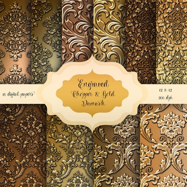 Engraved Copper & Gold Metal Damask Digital Paper Pack -  Engraved texture damask backgrounds for scrapbooking, invitations, backdrops