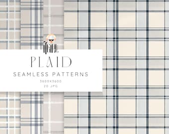 May include: A collection of plaid seamless patterns in various color schemes, including beige, gray, and white. The image features the word "PLAID" and the text "SEAMLESS PATTERNS 3600x3600 20 JPG".