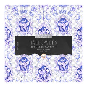 May include: A seamless Halloween pattern featuring a repeating design of bats, moons, and ornate frames in shades of purple and blue. The text "THE DARK SIDE" and "HALLOWEEN SEAMLESS PATTERN" are visible. The image is a PNG file.