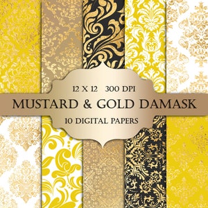 Mustard & Gold Foil Damask Digital Paper - yellow gold damask metallic glitter printable backgrounds scrapbooking wedding invitations cards