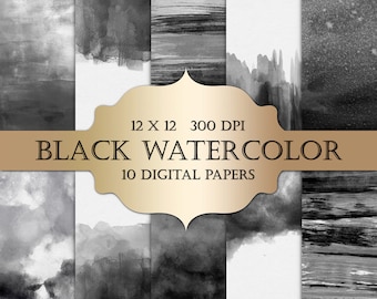 Black Watercolor Digital Paper: Brush Stroke Backgrounds (Digital Download)