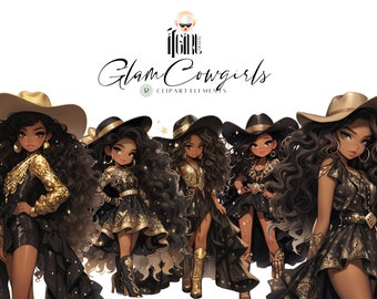 Black Glam Cowgirl Clipart, cute girl clipart, western clipart, boots clipart, gold clipart doll clipart digital download watercolor fashion