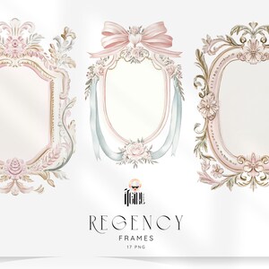 May include: Three ornate, pastel-colored Regency frames with floral and ribbon accents. The frames are in shades of pink, gold, and white, with intricate detailing. The text "REGENCY FRAMES" is displayed below the frames.