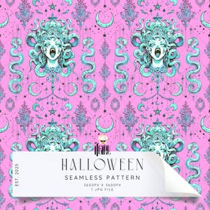 Puede incluir: Un patrón sin costuras de Halloween rosa con cabezas de Medusa, serpientes, lunas, estrellas y diseños ornamentados en turquesa y azul claro. El patrón incluye el texto "HALLOWEEN" y "SEAMLESS PATTERN".