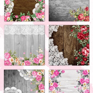 Rustic Wood, Flowers & LACE Digital Paper Pack wood, flowers and vintage lace pattern backgrounds for wedding invitations bridal shower image 2