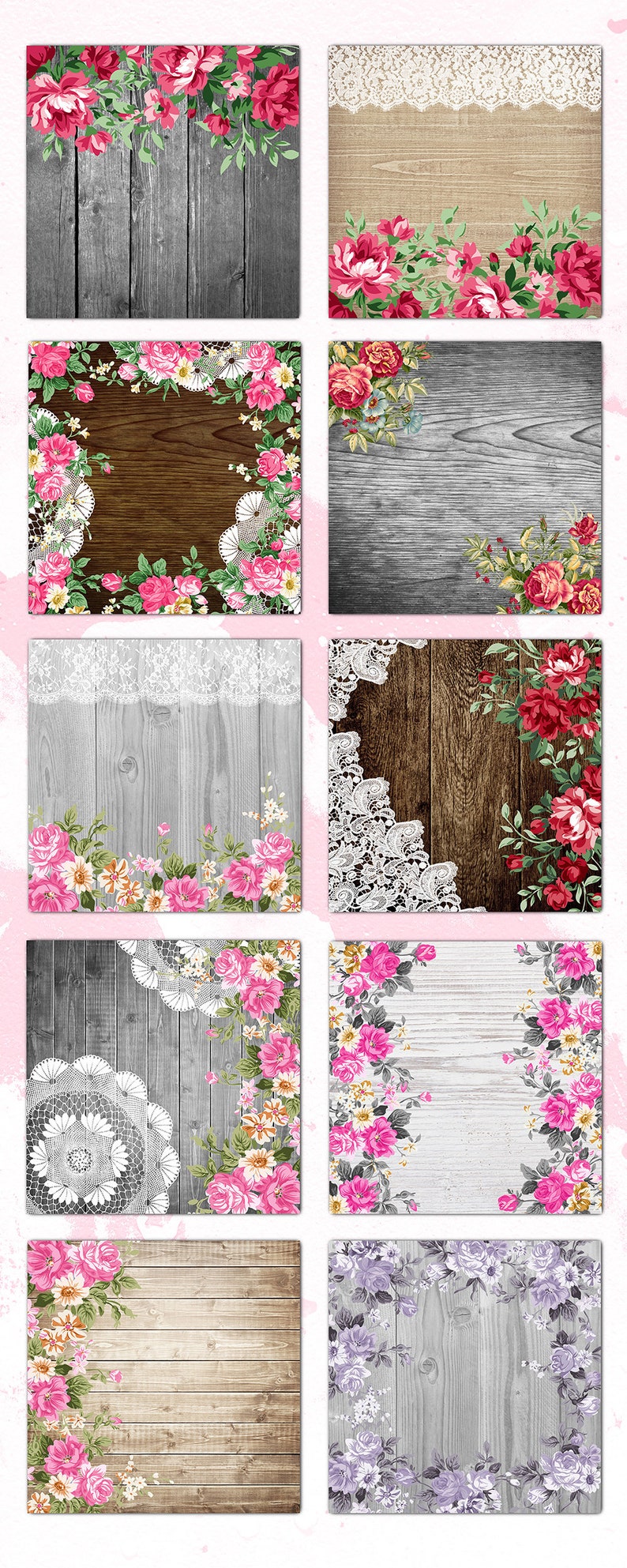 Rustic Wood, Flowers & LACE Digital Paper Pack wood, flowers and vintage lace pattern backgrounds for wedding invitations bridal shower image 2