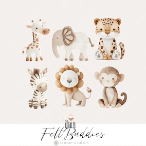 Clipart de animais de feltro, berçário fofo em aquarela, animais bebês, amigos, clipart de brinquedos, comovente, zebra, girafa, leão, leopardo, macaco