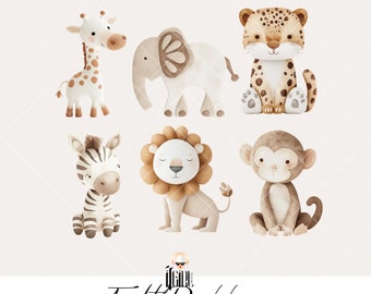 Felt Animals Clipart, Watercolor Cute Nursery, Baby Animals, Friends, Toys Clipart, Heartwarming, Zebra, Giraffe, Lion, Leopard, Monkey