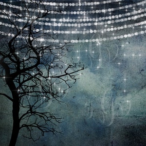 Puede incluir: Una silueta de un árbol desnudo con ramas que se extienden hacia arriba sobre un fondo azul oscuro. El fondo está decorado con una cadena de luces blancas que parecen brillar.