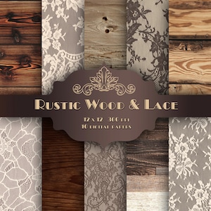 Rustikales braunes Holz LACE Digital Paper Pack - Vintage Hochzeit Braut Holz und Lace Muster Hintergründe für Scrapbooking Hochzeitseinladung