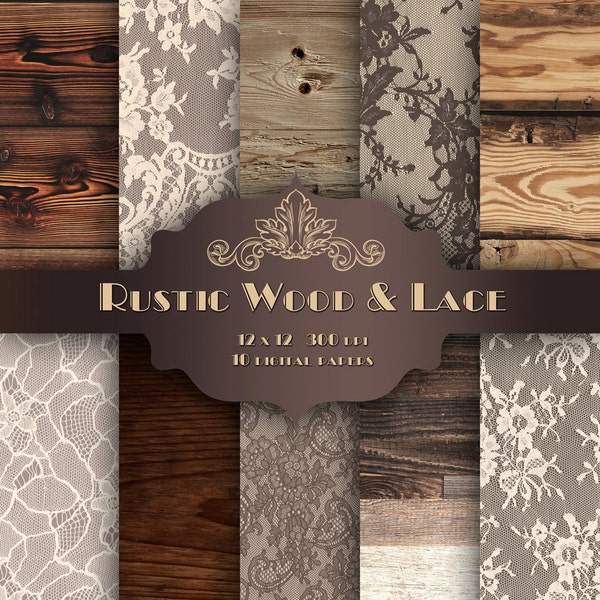 Rustic Brown Wood LACE Digital Paper Pack - Vintage wedding bridal wood and lace pattern backgrounds for scrapbooking wedding invitation