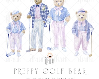 Grandmillennial Golf Teddy Bear Clipart: Preppy Baby Boy Nursery Art PNG