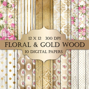 Shabby Chic Holz Digital Paper - pastell rustikal Holz Grunge gold floral vintage Hintergründe für Scrapbooking Hochzeit Einladungen Karten Planer