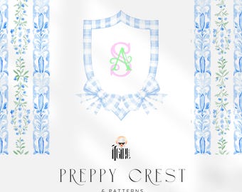 Grandmillennial Monogram Crest PNG Clipart: Preppy Gingham Blue and Green Frames and Forget me Not Floral Seamless Patterns