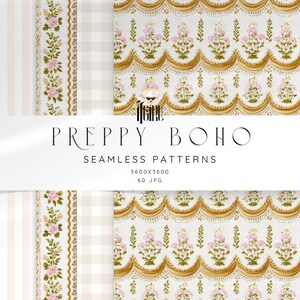 60 Boho Grandmillenial Seamless Patterns: Preppy Bohemian Digital Paper, Watercolor Floral Scallop Repeat Tile