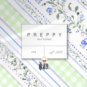 Puede incluir: Una descarga digital de cuatro patrones sin costuras que presentan un dise&ntilde;o floral de acuarela con flores azules y hojas verdes sobre un fondo blanco. Los patrones est&aacute;n dispuestos en una cuadr&iacute;cula con un logotipo que dice "PREPPY PATTERNS est. 2025" y "JPG" en el centro.