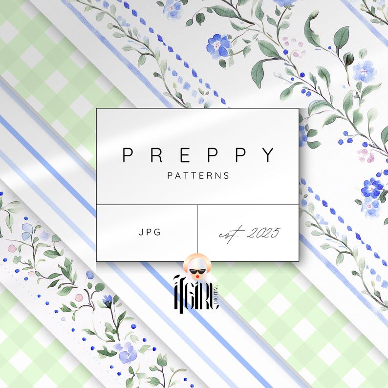 Puede incluir: Una descarga digital de cuatro patrones sin costuras que presentan un dise&ntilde;o floral de acuarela con flores azules y hojas verdes sobre un fondo blanco. Los patrones est&aacute;n dispuestos en una cuadr&iacute;cula con un logotipo que dice "PREPPY PATTERNS est. 2025" y "JPG" en el centro.