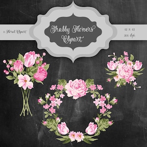 Shabby Flowers Digital Clip Art - Vintage flower bouquet & frame transparent background for scrapbooking, wedding invitations